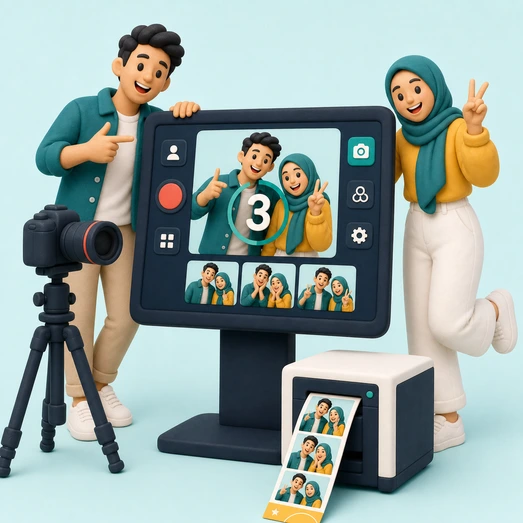Dua pelanggan menggunakan software photobooth Snappix dengan kamera DSLR dan printer foto